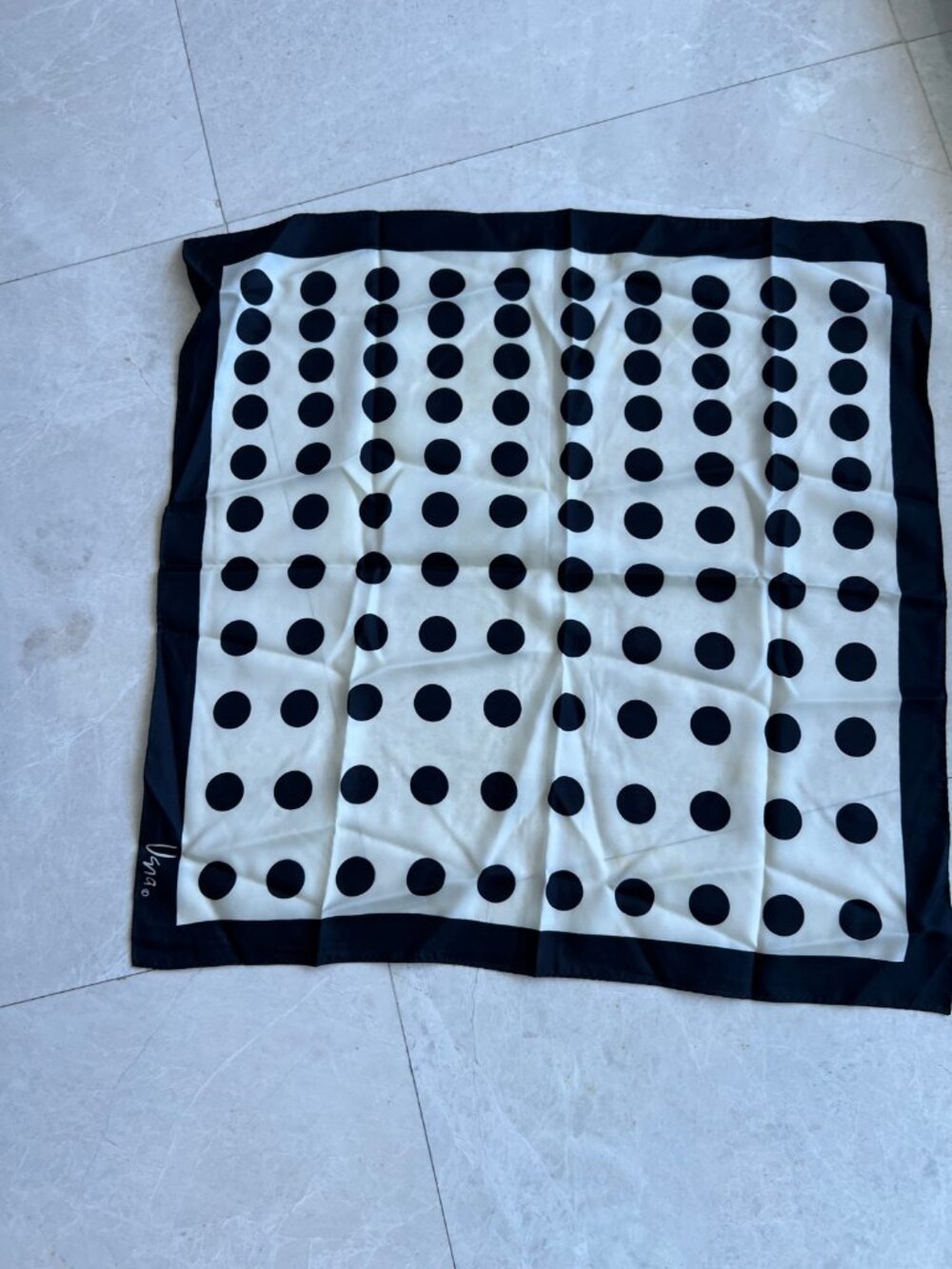 Vera Black White Polka Dot Silk Scarf Square Hand Rolled